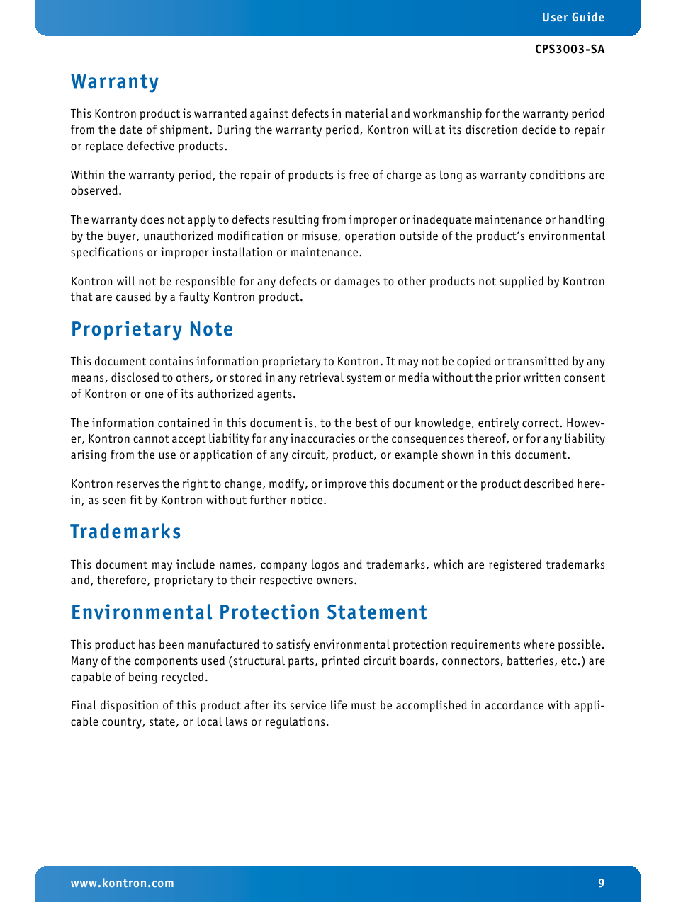 Warranty, Proprietary note, Trademarks | Environmental protection statement | Kontron CPS3003-SA User Manual | Page 9 / 19