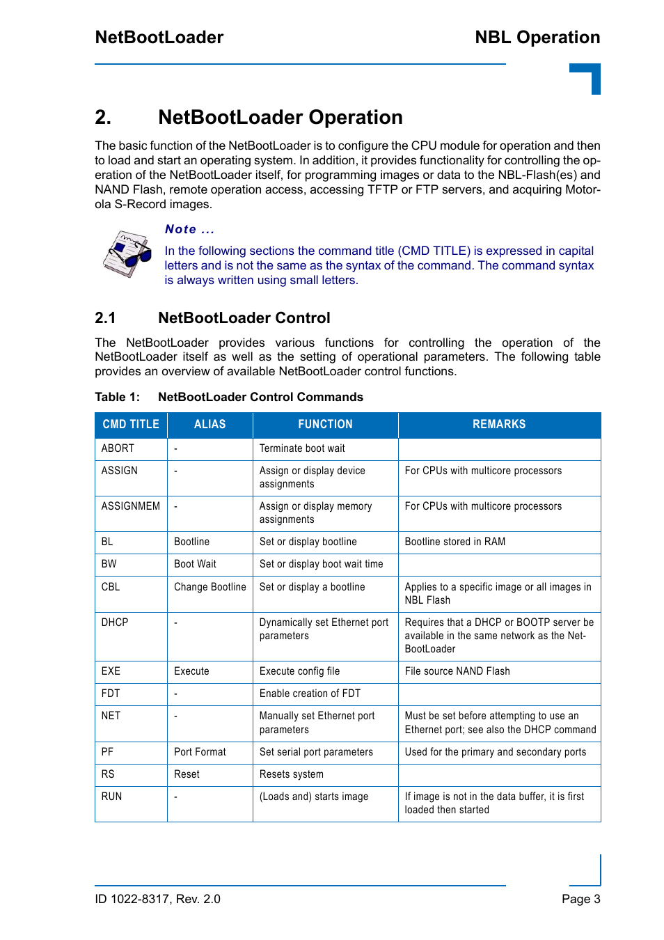 Netbootloader operation, 1 netbootloader control, Netbootloader control commands | Nbl operation netbootloader | Kontron NetBootLoader User Manual | Page 11 / 86