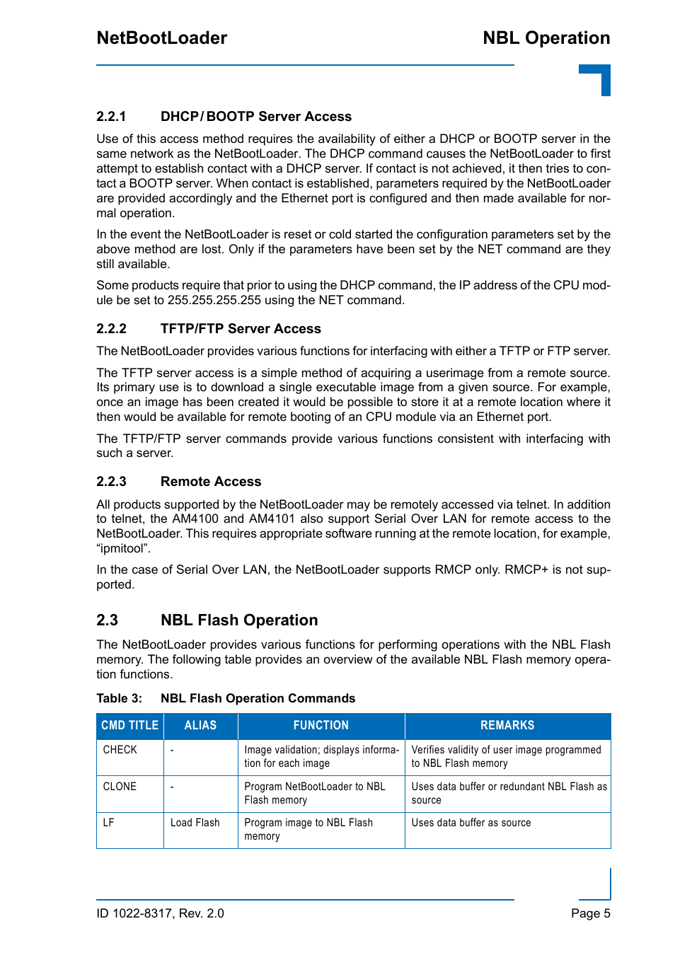 1 dhcp / bootp server access, 2 tftp/ftp server access, 3 remote access | 3 nbl flash operation, Dhcp/ bootp server access, Tftp/ftp server access, Remote access, Nbl flash operation commands, Nbl operation netbootloader | Kontron NetBootLoader User Manual | Page 13 / 86
