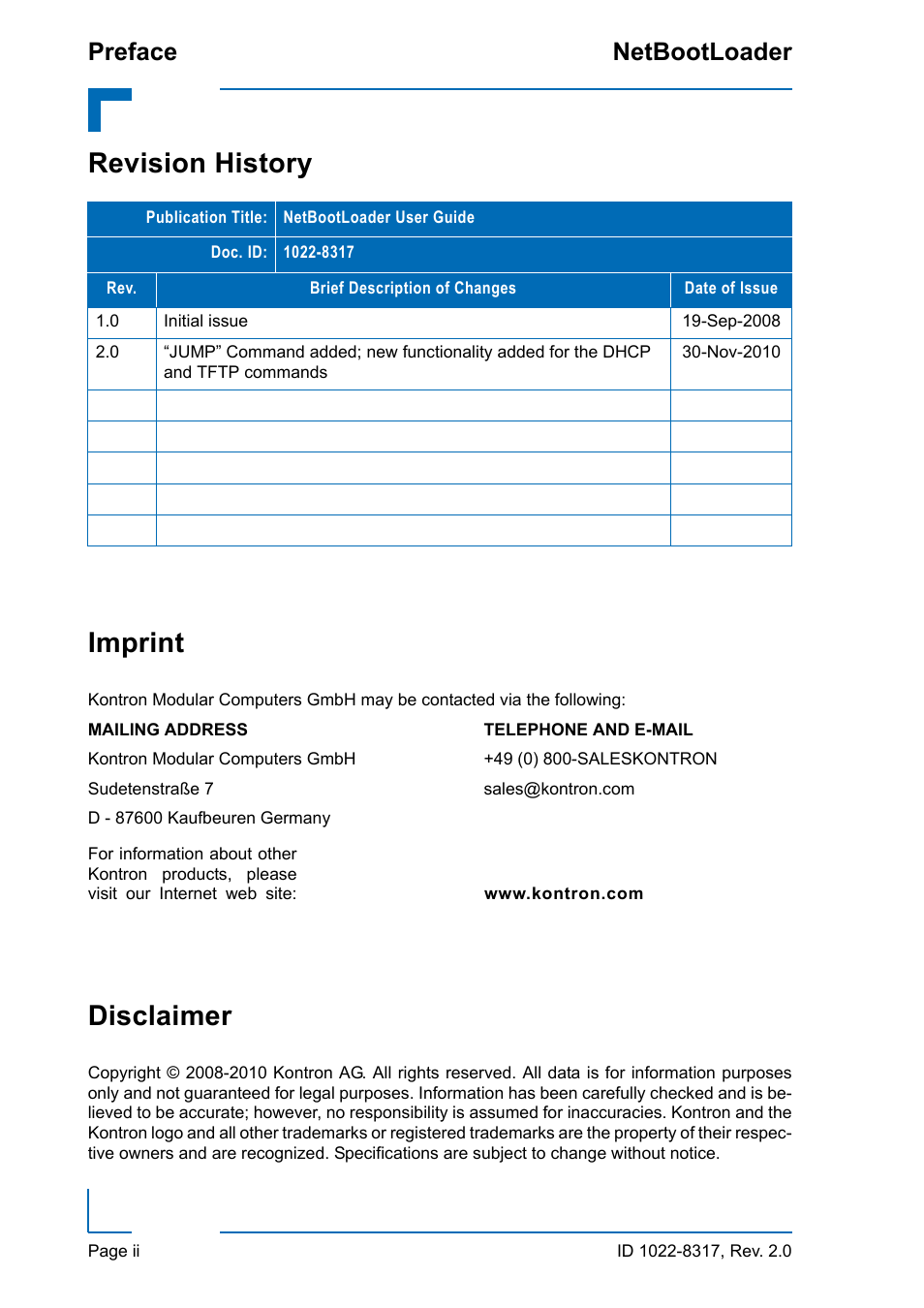 Revision history, Imprint, Disclaimer | Revision history imprint, Preface netbootloader | Kontron NetBootLoader User Manual | Page 2 / 86