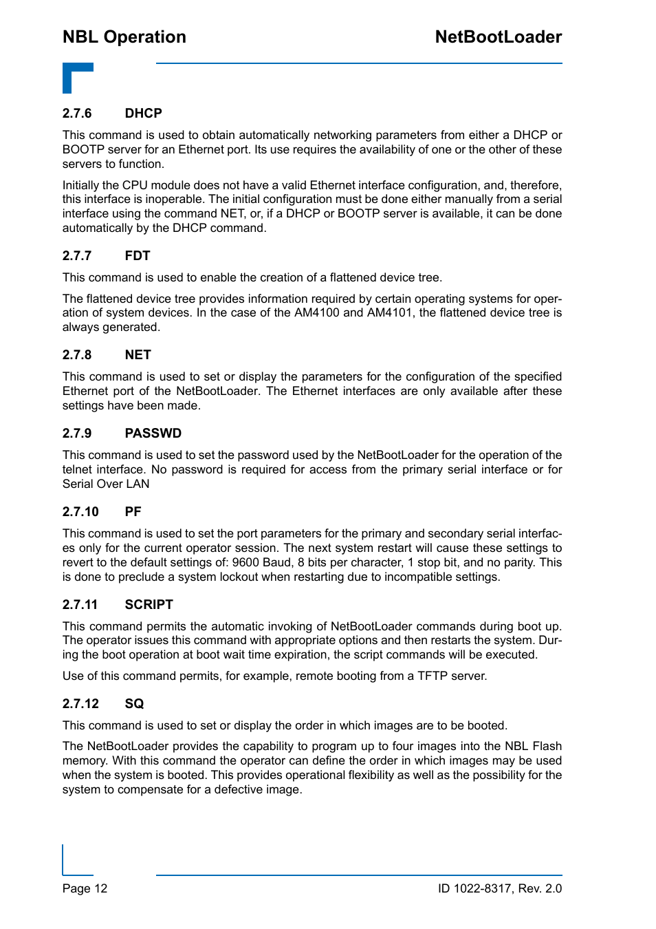 6 dhcp, 7 fdt, 8 net | 9 passwd, 10 pf, 11 script, 12 sq, Dhcp, Passwd, 10 pf 2.7.11 script 2.7.12 sq | Kontron NetBootLoader User Manual | Page 20 / 86