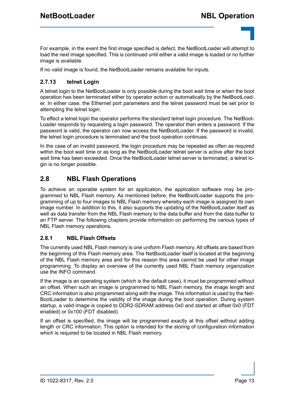 13 telnet login, 8 nbl flash operations, 1 nbl flash offsets | Nbl flash offsets, Nbl operation netbootloader | Kontron NetBootLoader User Manual | Page 21 / 86