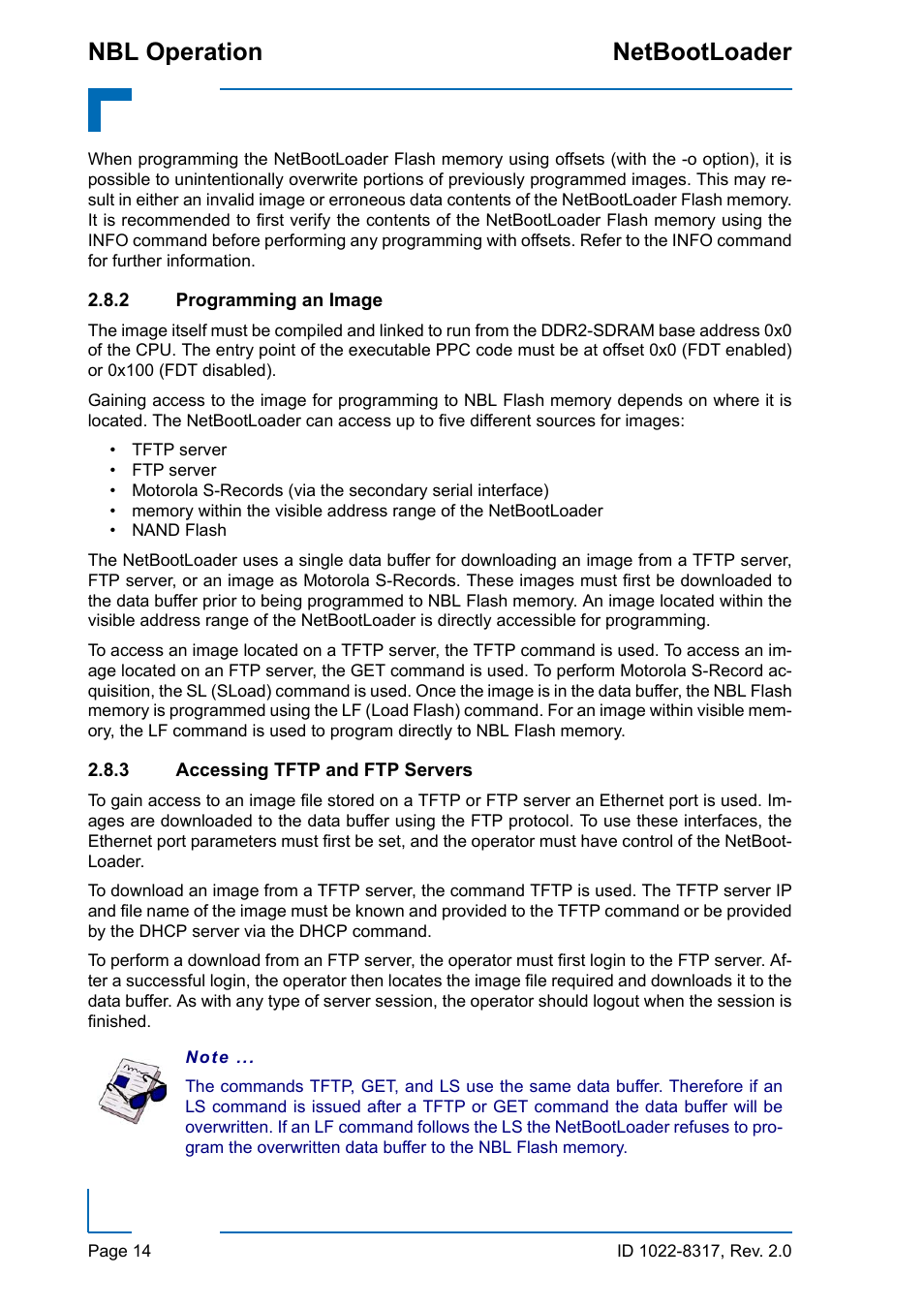 2 programming an image, 3 accessing tftp and ftp servers, Programming an image | Accessing tftp and ftp servers, Nbl operation netbootloader | Kontron NetBootLoader User Manual | Page 22 / 86