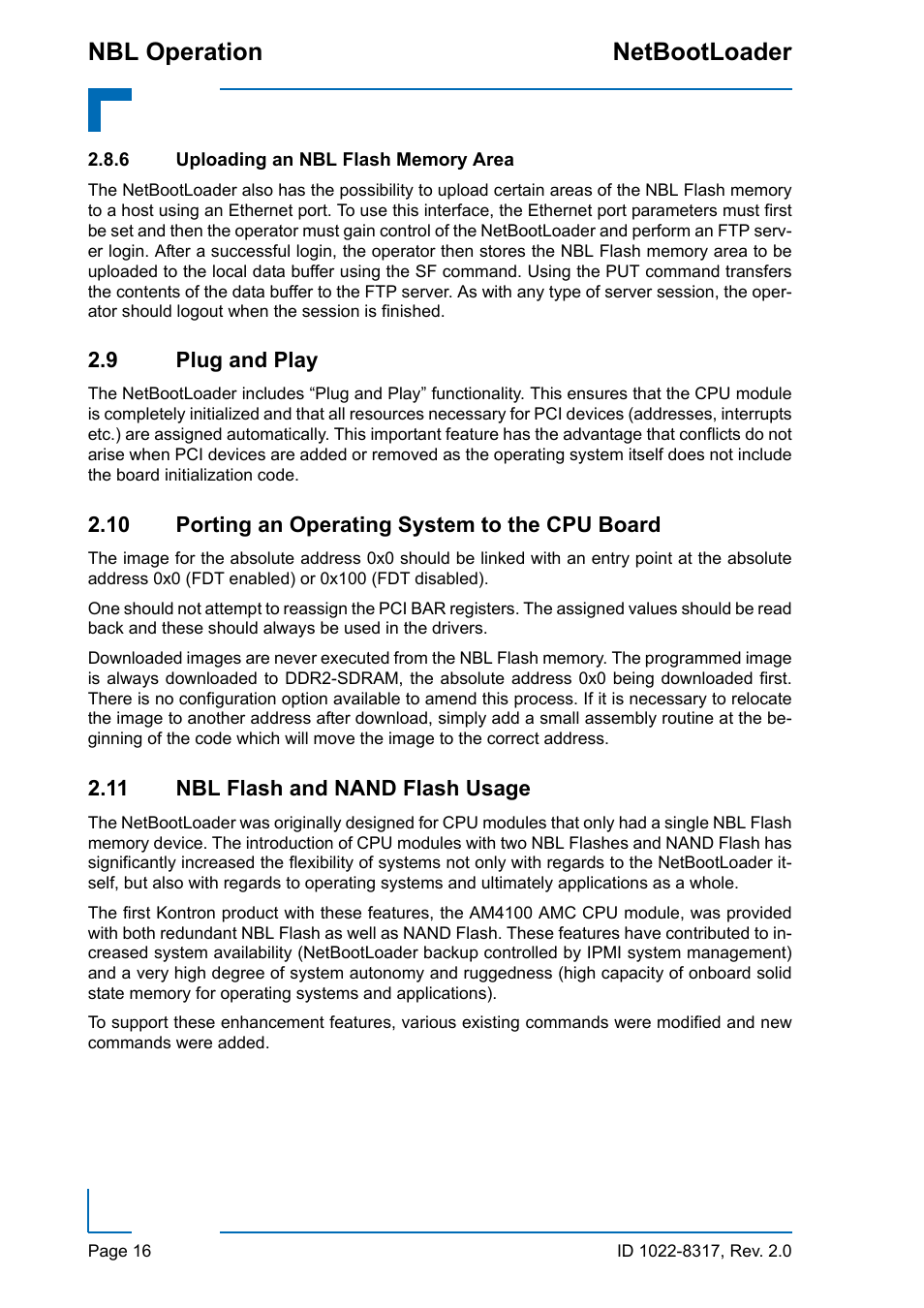 6 uploading an nbl flash memory area, 9 plug and play, 10 porting an operating system to the cpu board | 11 nbl flash and nand flash usage, Uploading an nbl flash memory area, Nbl operation netbootloader | Kontron NetBootLoader User Manual | Page 24 / 86