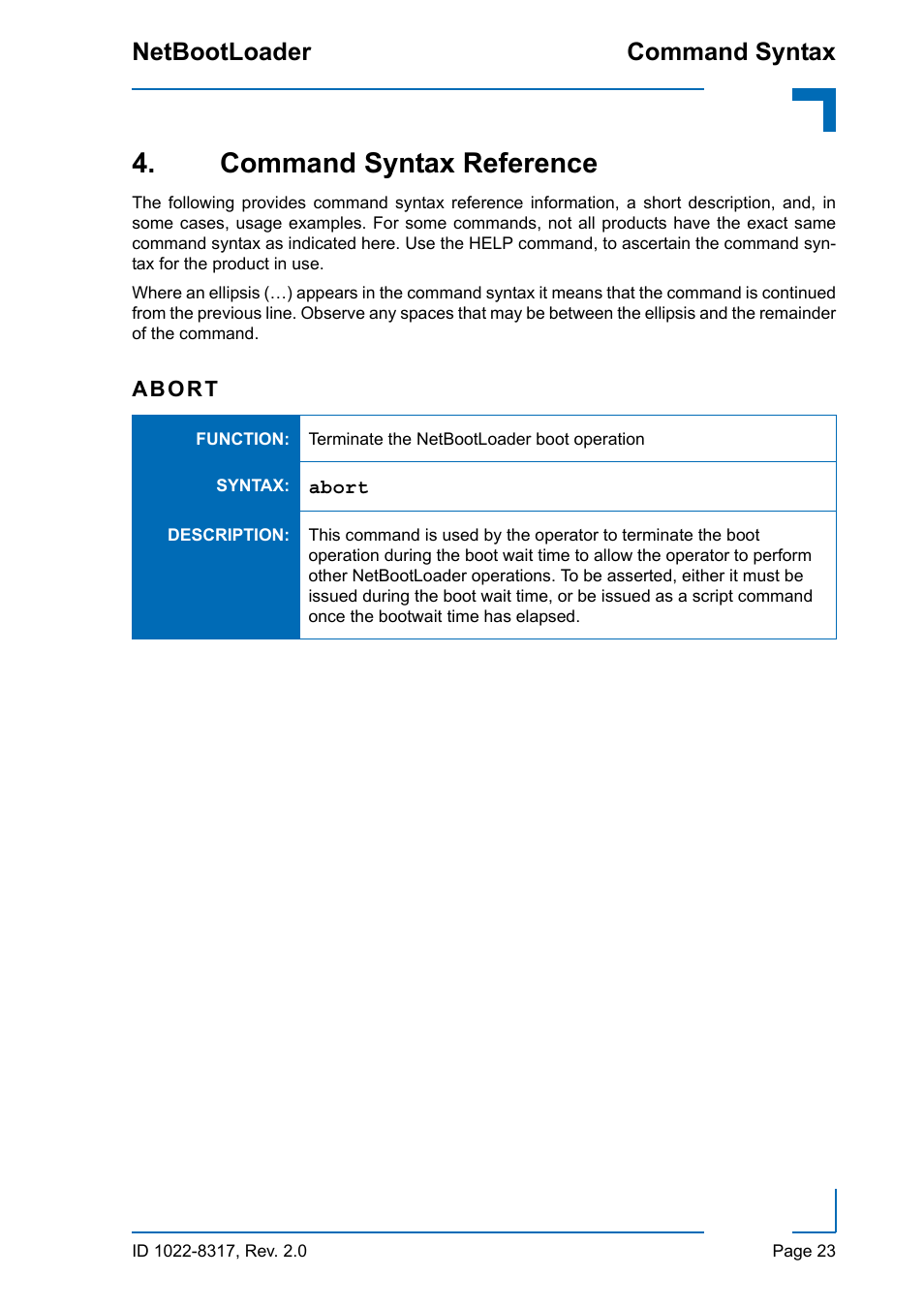 Command syntax reference, Command syntax netbootloader | Kontron NetBootLoader User Manual | Page 31 / 86