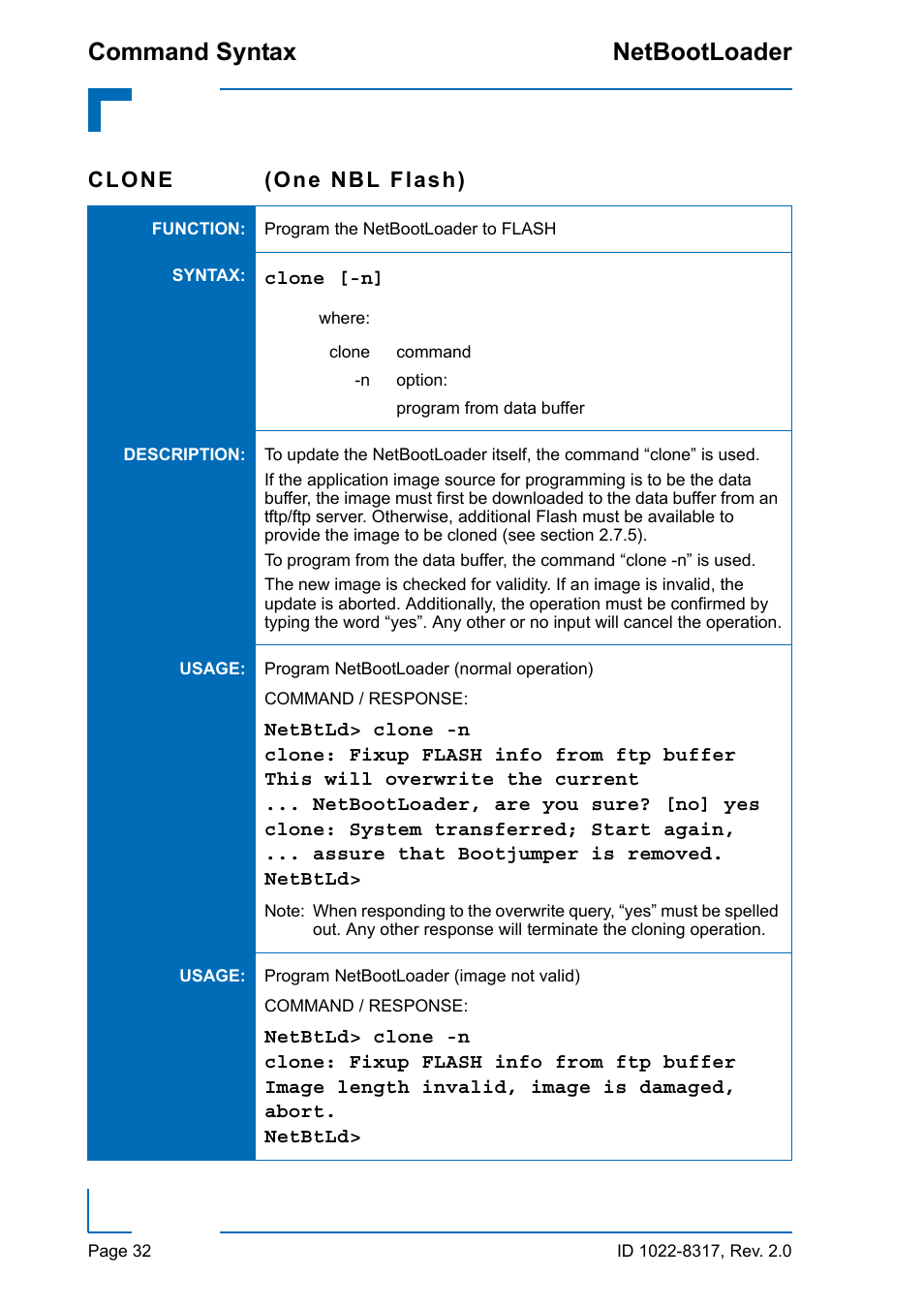 Command syntax netbootloader, Clone (one nbl flash) | Kontron NetBootLoader User Manual | Page 40 / 86