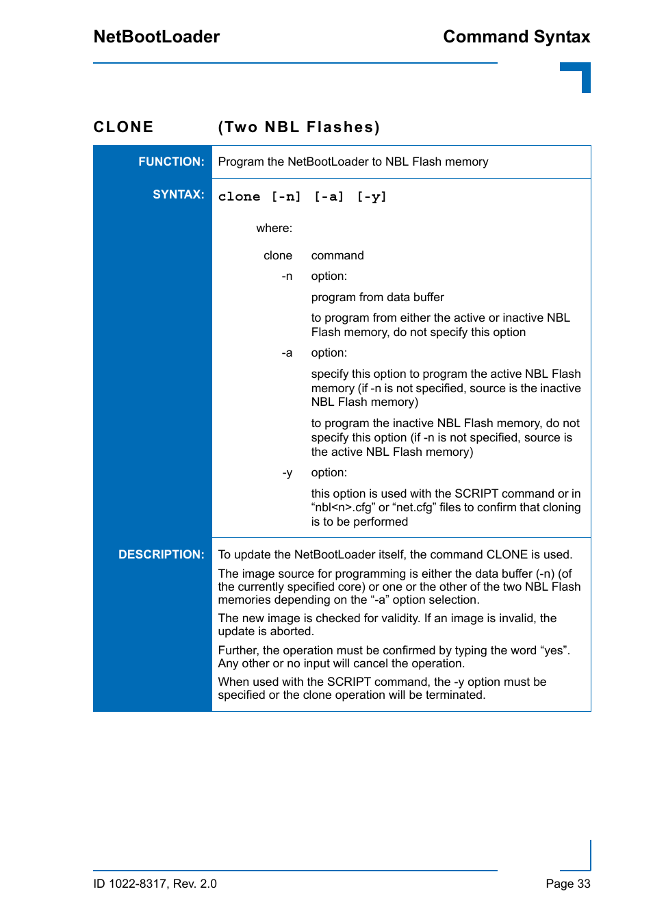 Command syntax netbootloader, Clone (two nbl flashes) | Kontron NetBootLoader User Manual | Page 41 / 86