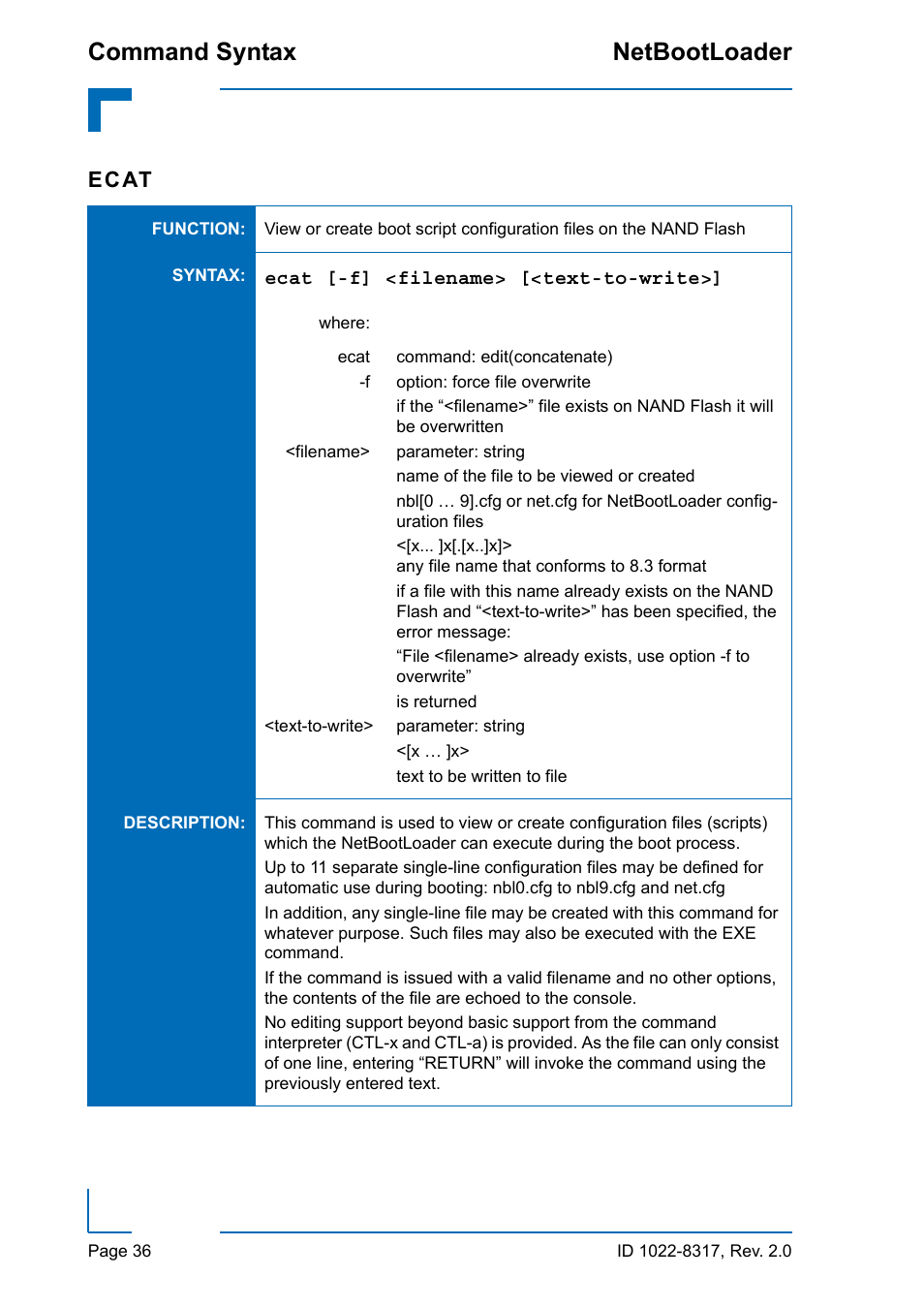 Command syntax netbootloader, Ecat | Kontron NetBootLoader User Manual | Page 44 / 86