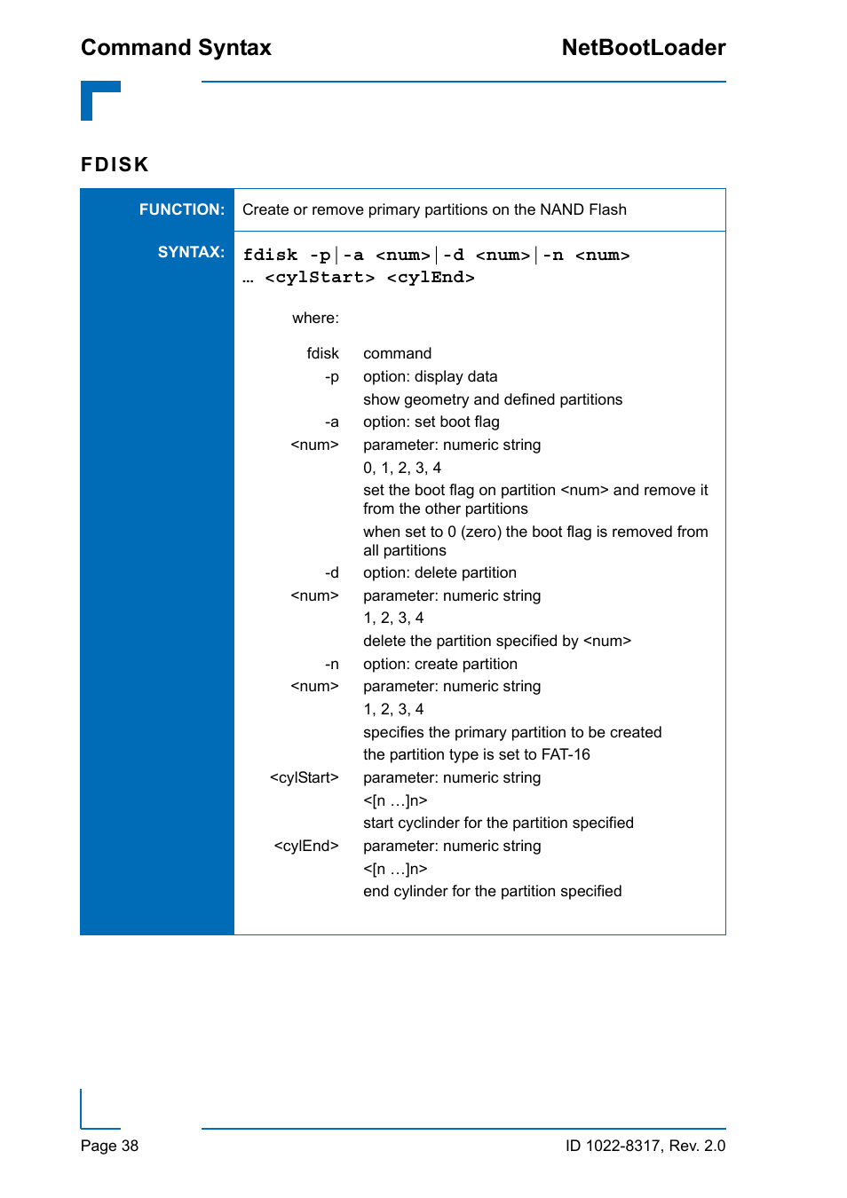 Command syntax netbootloader, Fdisk | Kontron NetBootLoader User Manual | Page 46 / 86