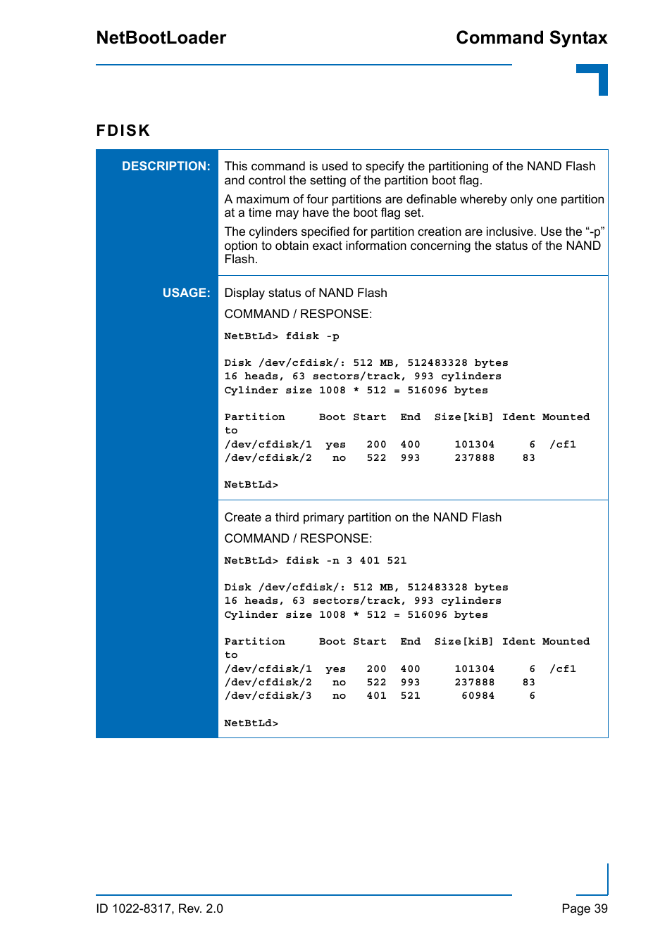 Command syntax netbootloader, Fdisk | Kontron NetBootLoader User Manual | Page 47 / 86