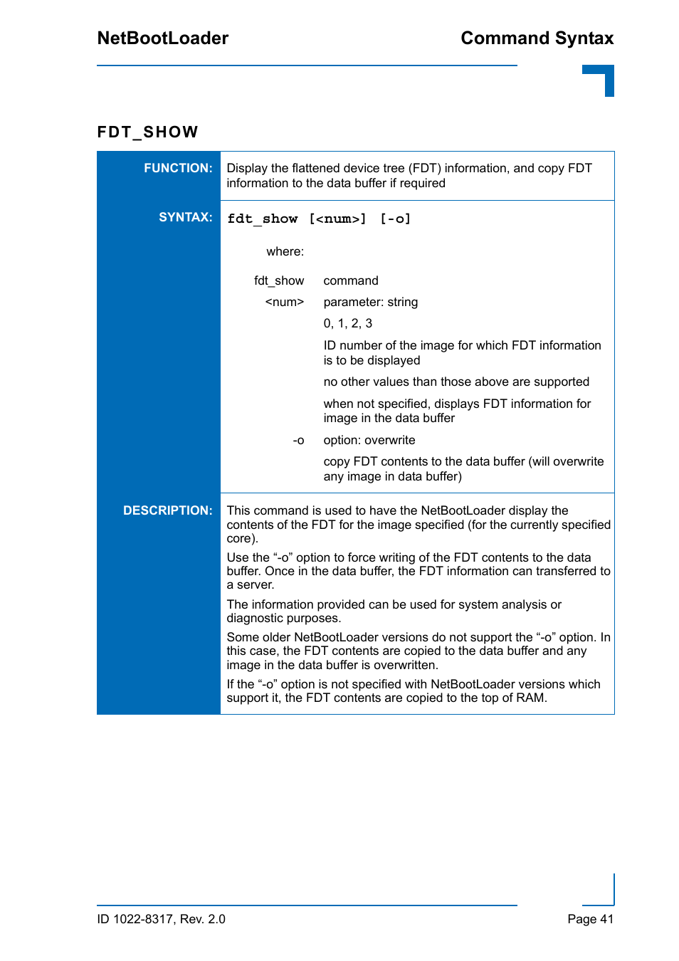 Command syntax netbootloader, Fdt_show | Kontron NetBootLoader User Manual | Page 49 / 86