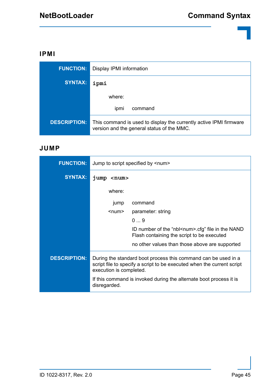 Command syntax netbootloader, Ipmi, Jump | Kontron NetBootLoader User Manual | Page 53 / 86