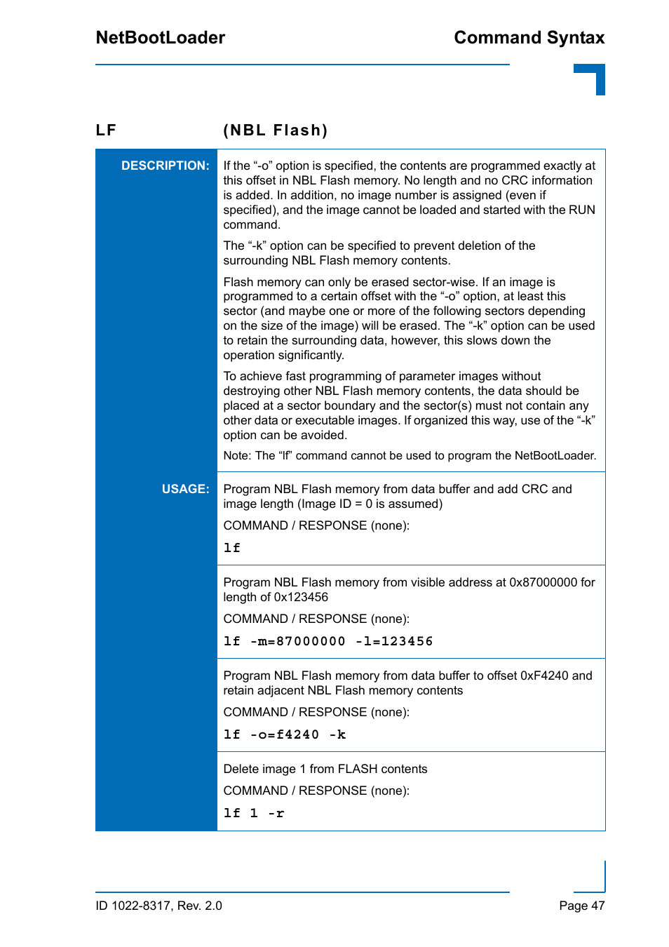 Command syntax netbootloader, Lf (nbl flash) | Kontron NetBootLoader User Manual | Page 55 / 86