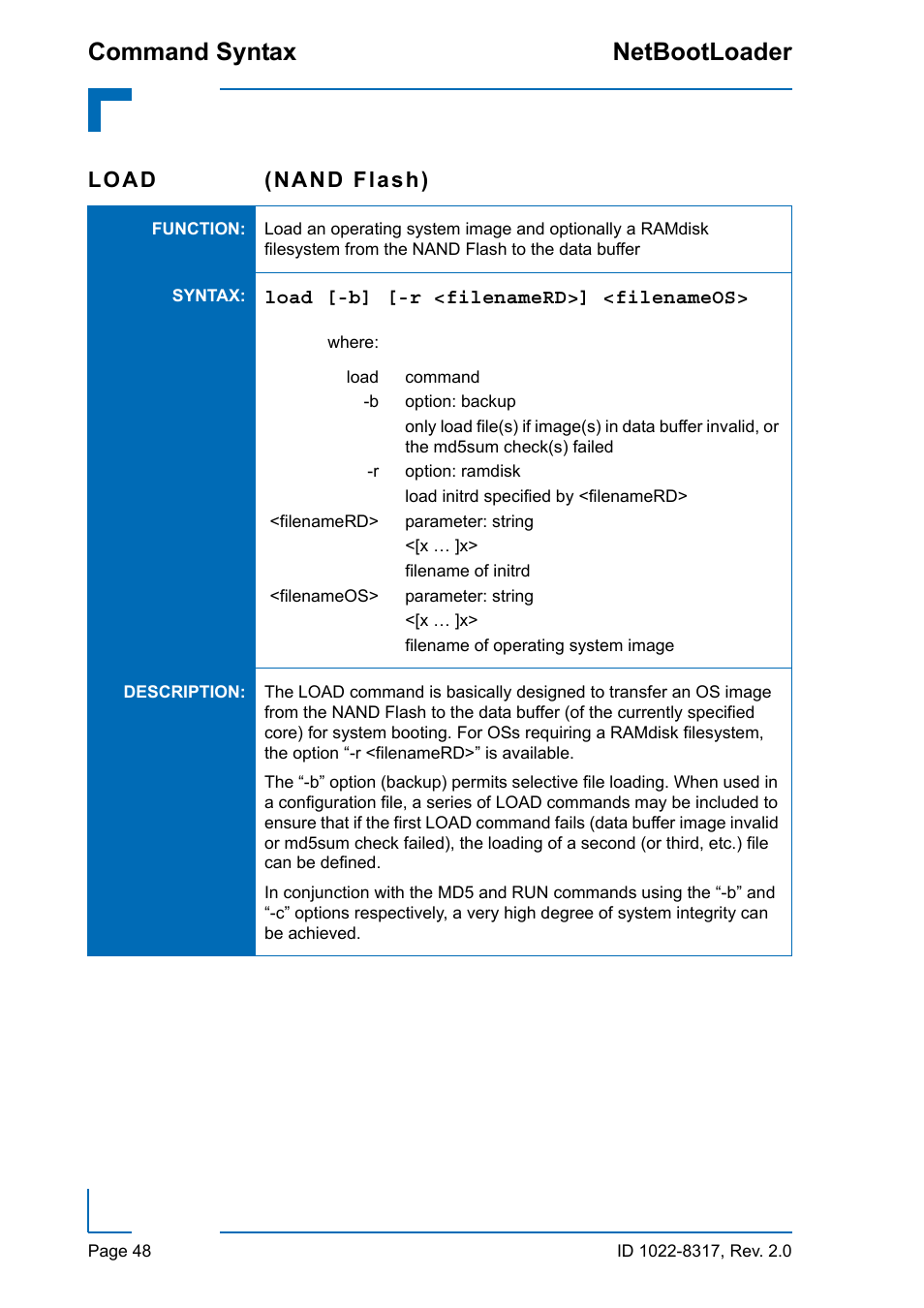 Command syntax netbootloader, Load (nand flash) | Kontron NetBootLoader User Manual | Page 56 / 86