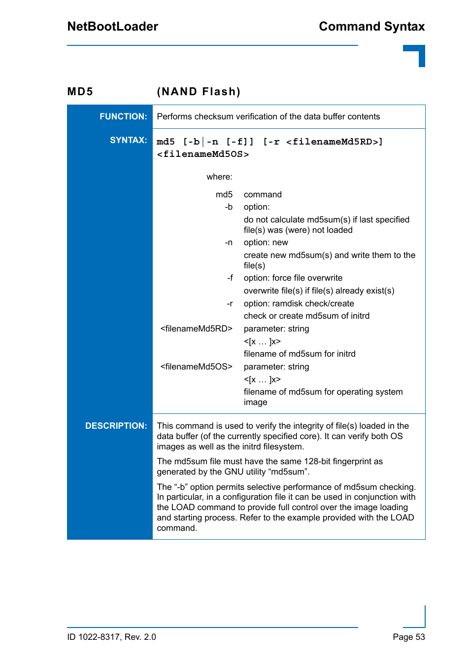 Command syntax netbootloader, Md5 (nand flash) | Kontron NetBootLoader User Manual | Page 61 / 86