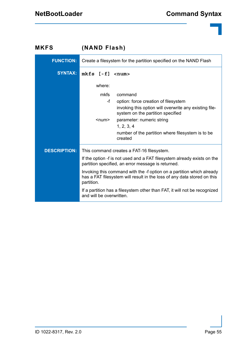 Command syntax netbootloader, Mkfs (nand flash) | Kontron NetBootLoader User Manual | Page 63 / 86