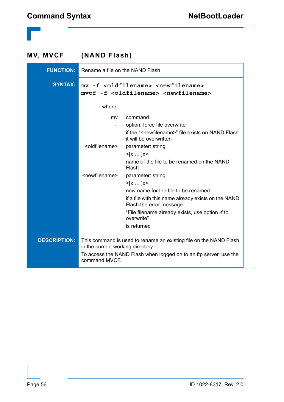 Command syntax netbootloader, Mv, mvcf (nand flash) | Kontron NetBootLoader User Manual | Page 64 / 86