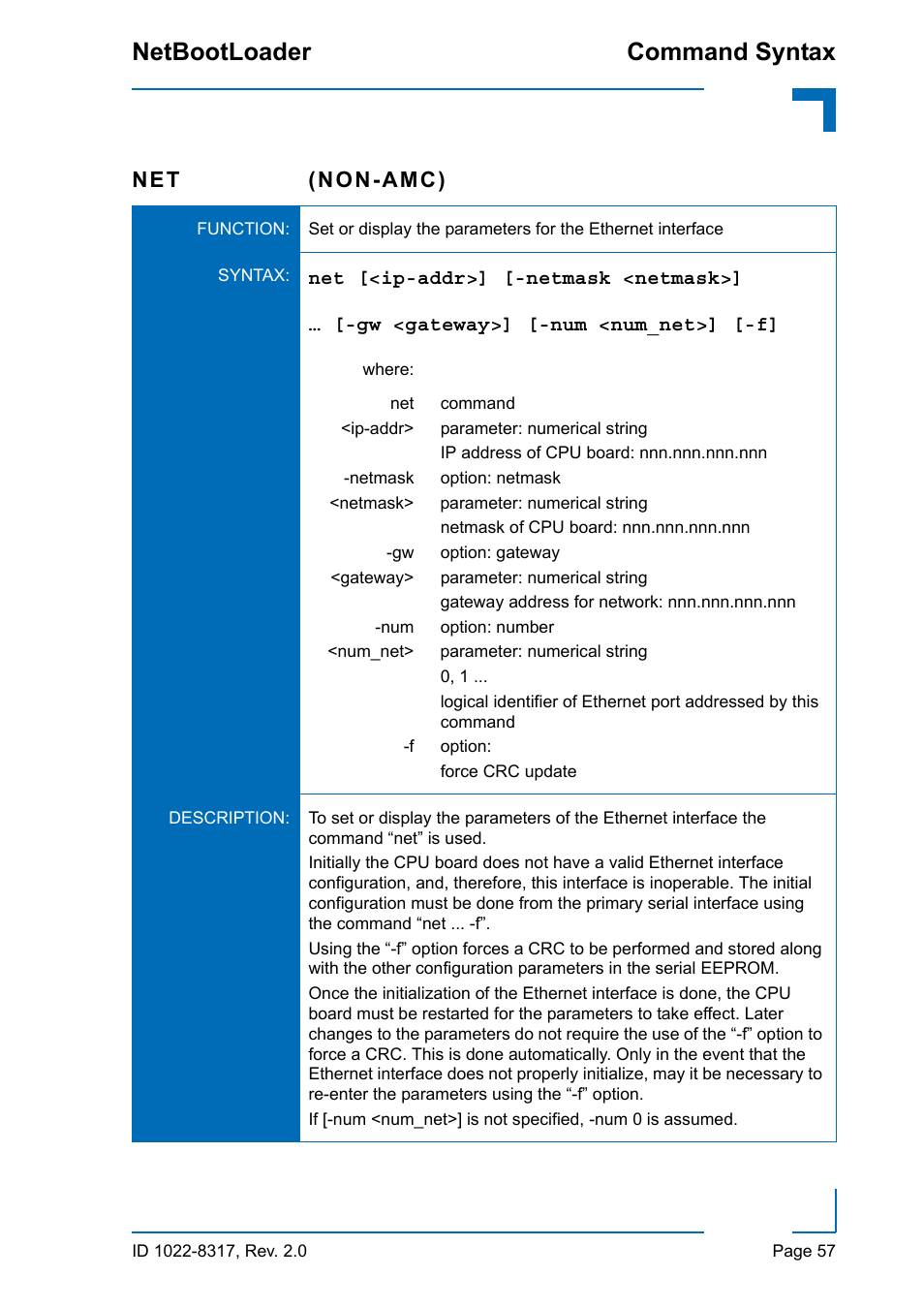 Command syntax netbootloader, Net (non-amc) | Kontron NetBootLoader User Manual | Page 65 / 86