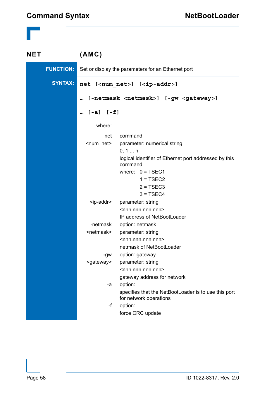 Command syntax netbootloader, Net (amc) | Kontron NetBootLoader User Manual | Page 66 / 86