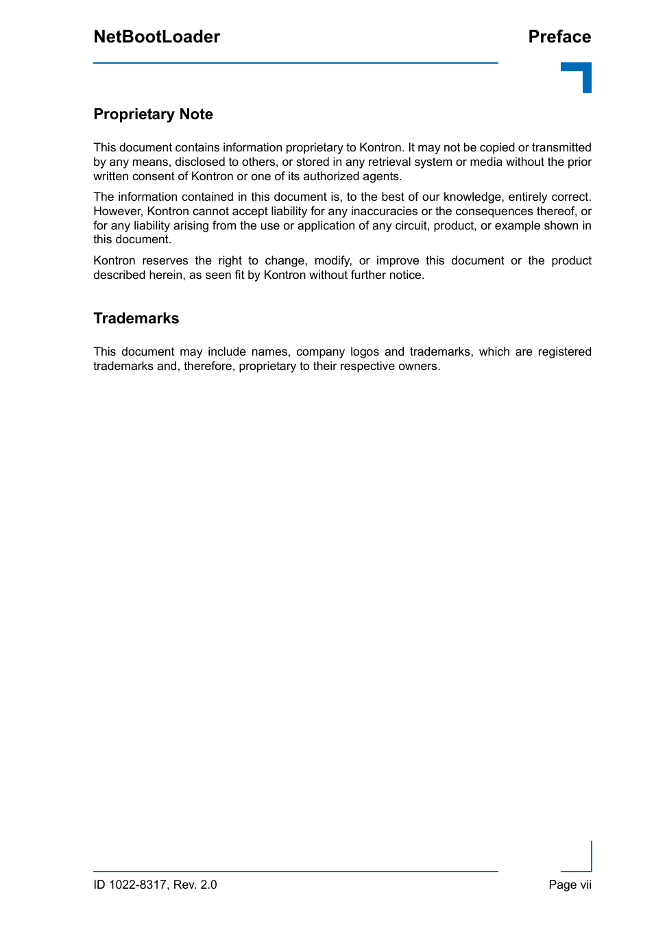 Proprietary note, Trademarks, Netbootloader preface | Kontron NetBootLoader User Manual | Page 7 / 86