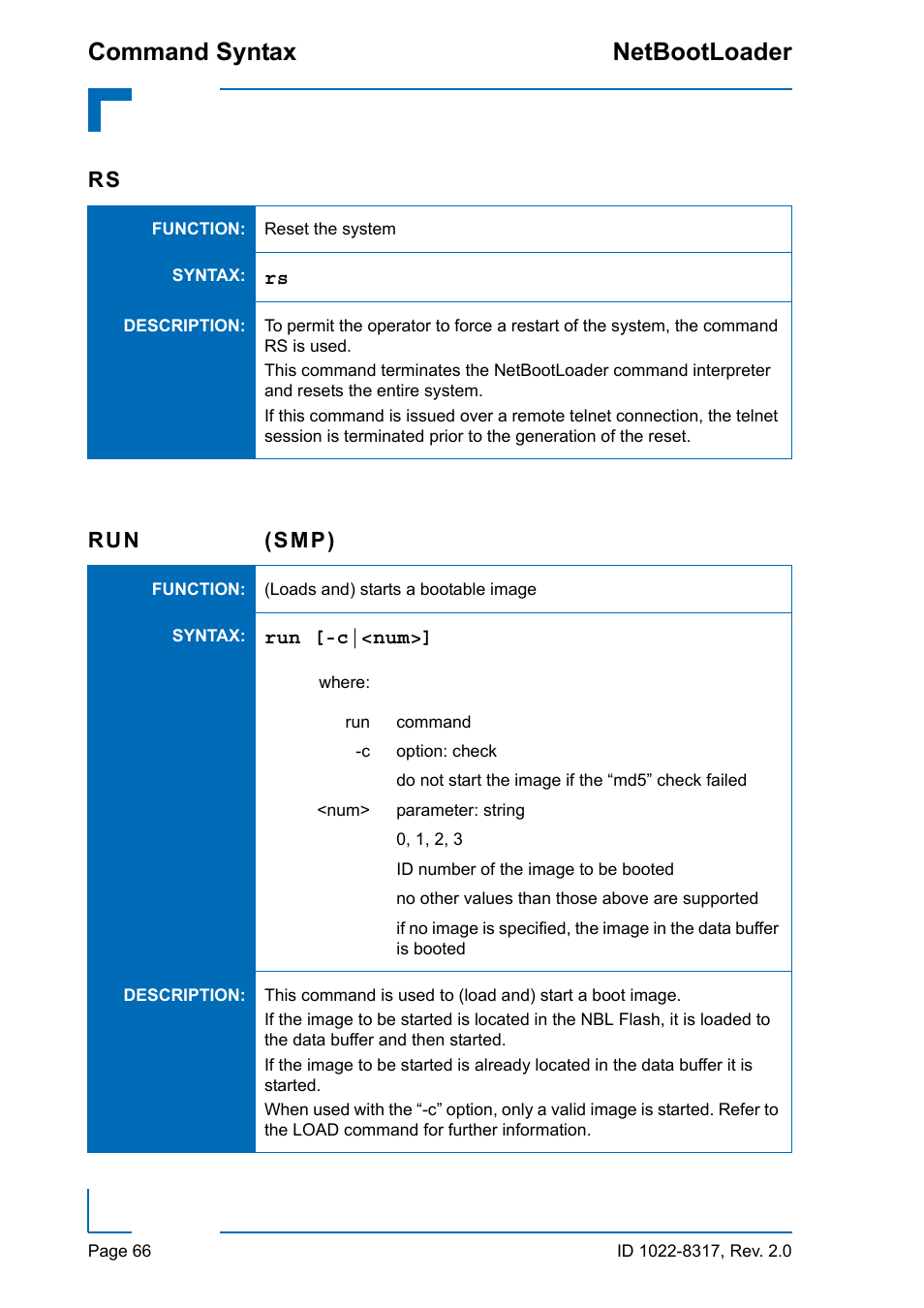 Command syntax netbootloader, Run (smp) | Kontron NetBootLoader User Manual | Page 74 / 86