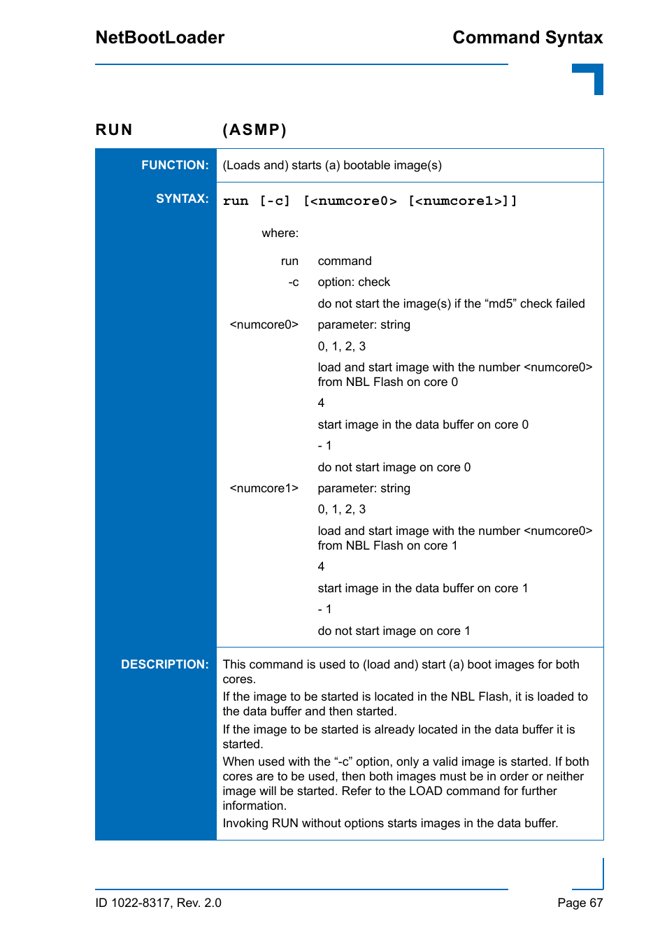 Command syntax netbootloader, Run (asmp) | Kontron NetBootLoader User Manual | Page 75 / 86