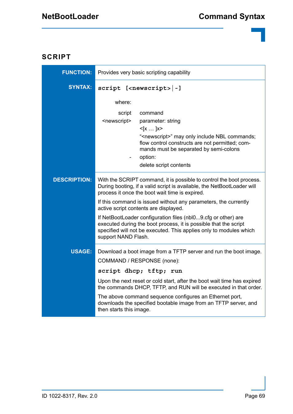 Command syntax netbootloader, Script | Kontron NetBootLoader User Manual | Page 77 / 86