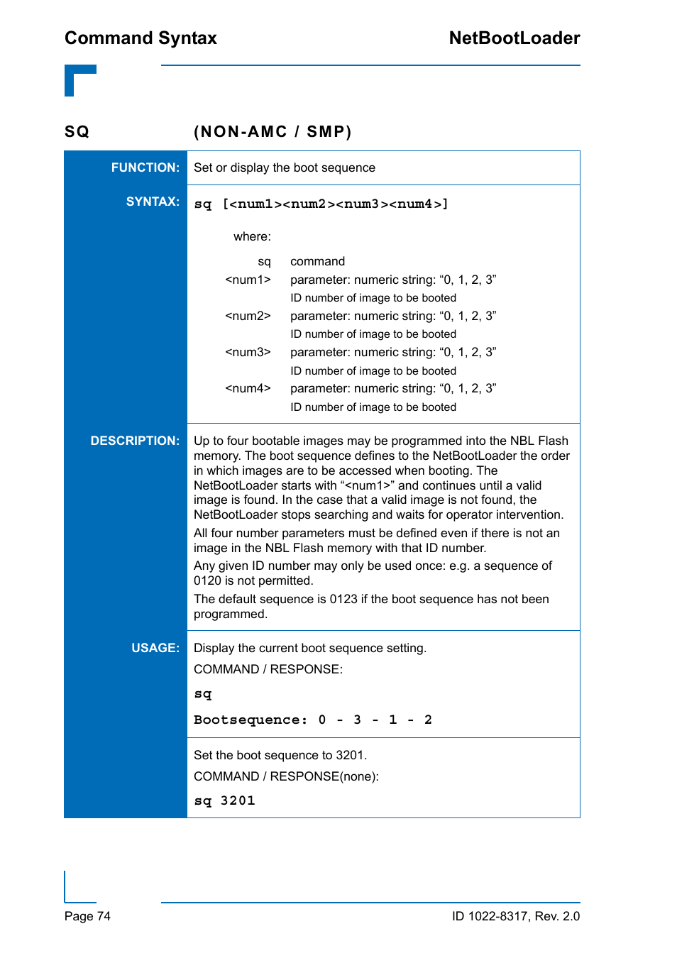 Command syntax netbootloader, Sq (non-amc / smp) | Kontron NetBootLoader User Manual | Page 82 / 86