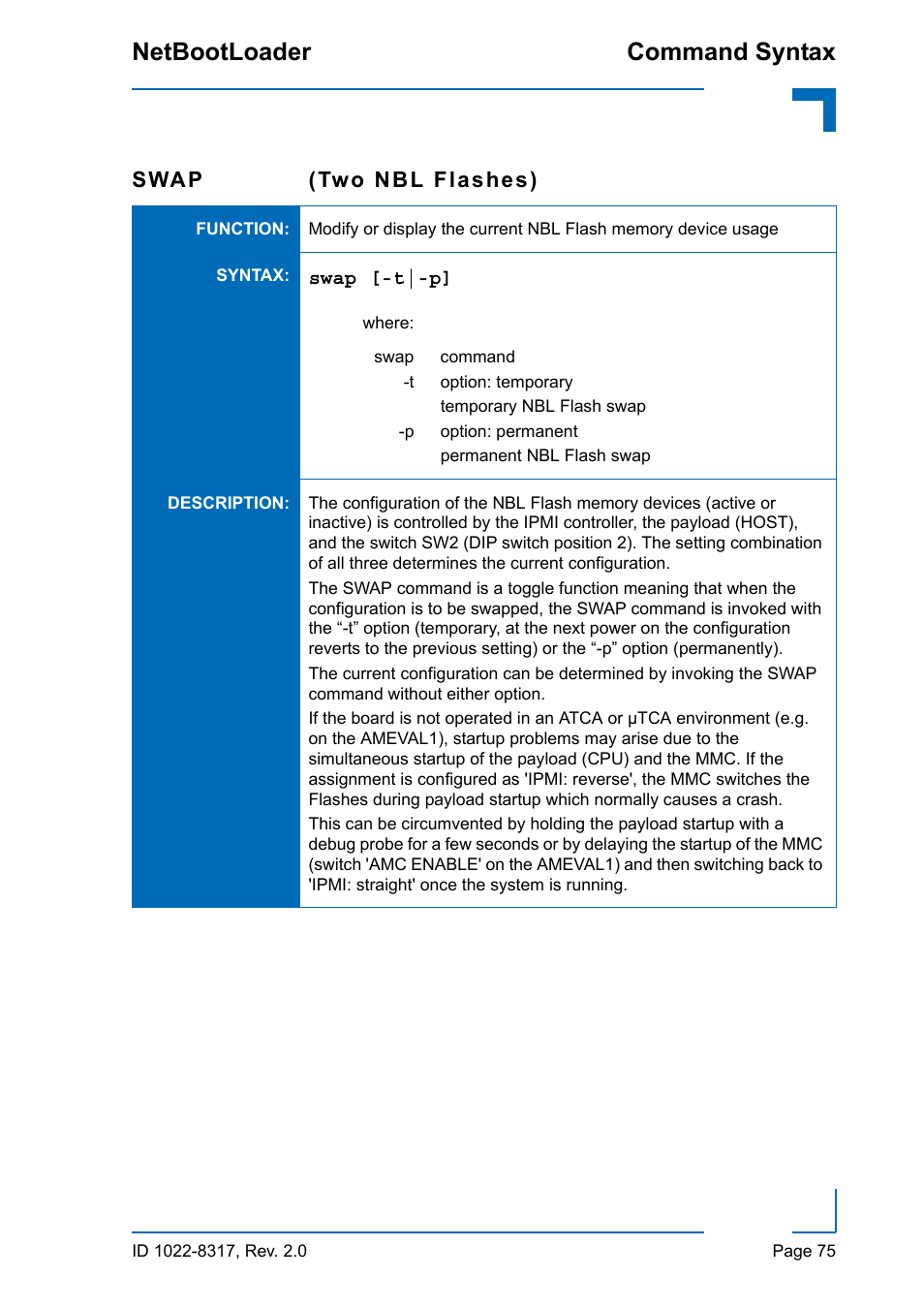 Command syntax netbootloader, Swap (two nbl flashes) | Kontron NetBootLoader User Manual | Page 83 / 86