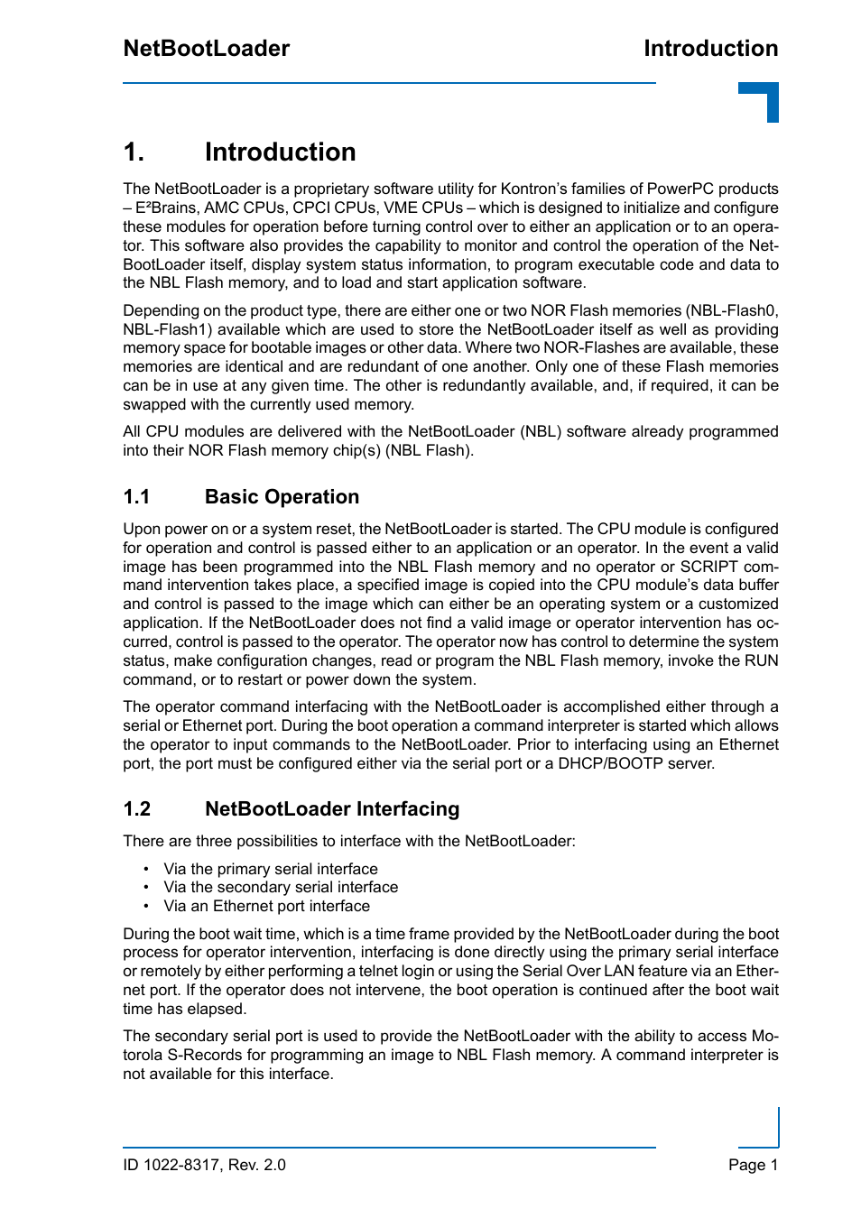 Introduction, 1 basic operation, 2 netbootloader interfacing | 1 basic operation 1.2 netbootloader interfacing, Introduction netbootloader | Kontron NetBootLoader User Manual | Page 9 / 86