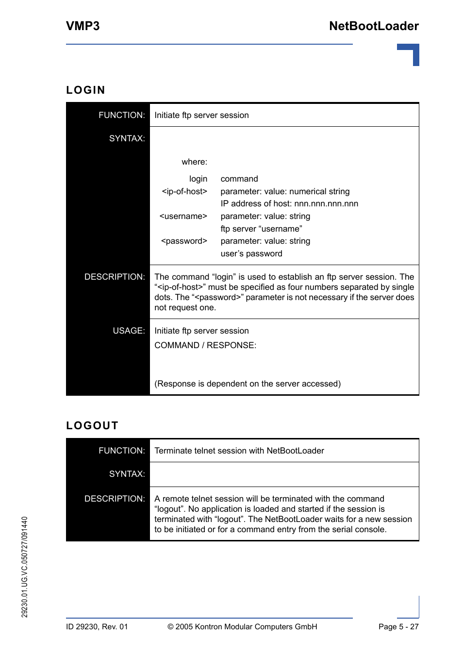 Vmp3 netbootloader, Login, Logout | Kontron VMP3 User Manual | Page 111 / 154