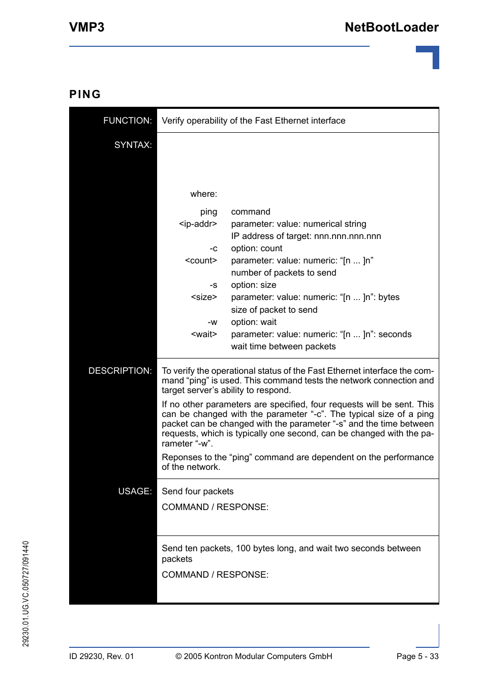 Vmp3 netbootloader, Ping | Kontron VMP3 User Manual | Page 117 / 154