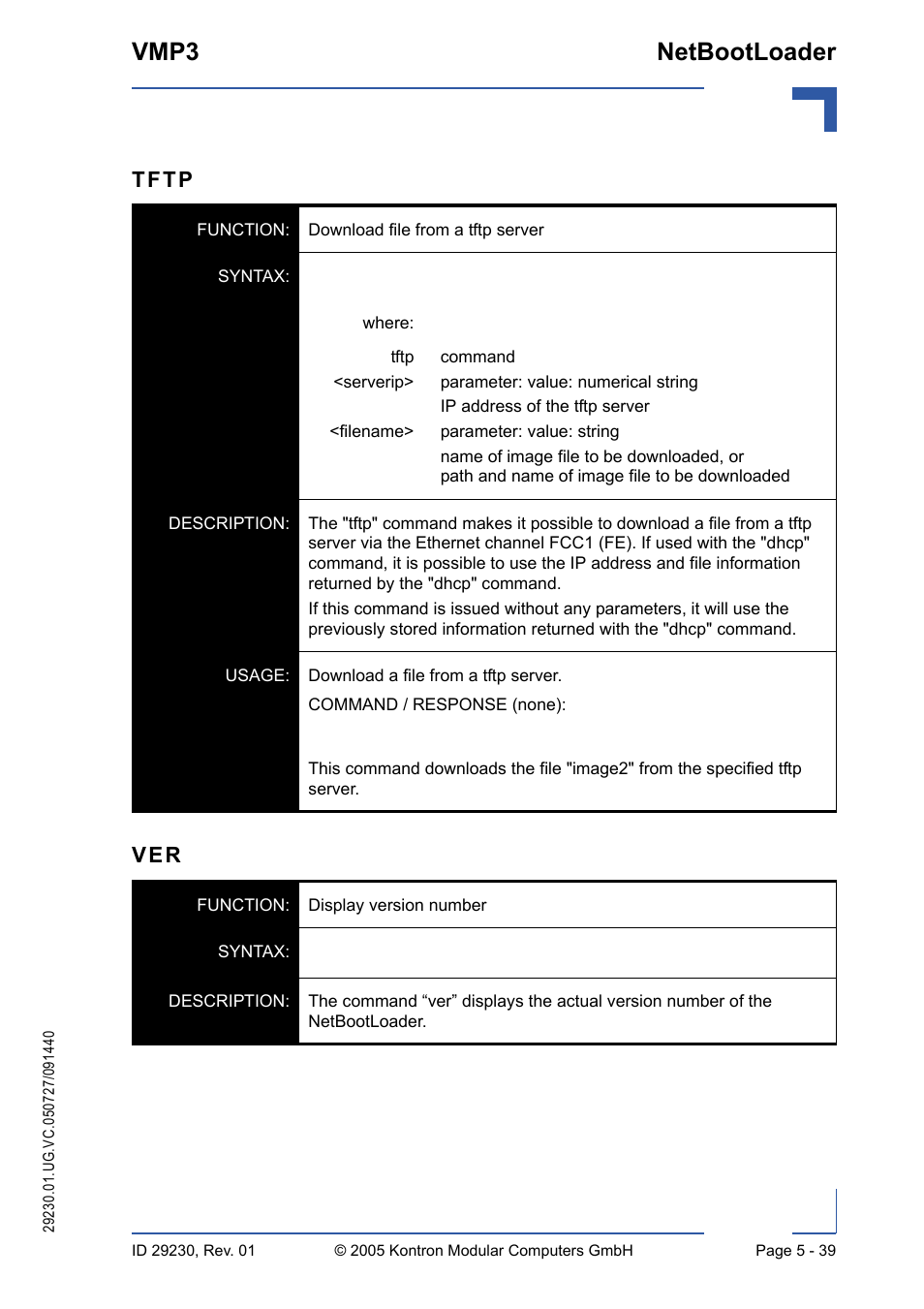 Vmp3 netbootloader, Tftp | Kontron VMP3 User Manual | Page 123 / 154