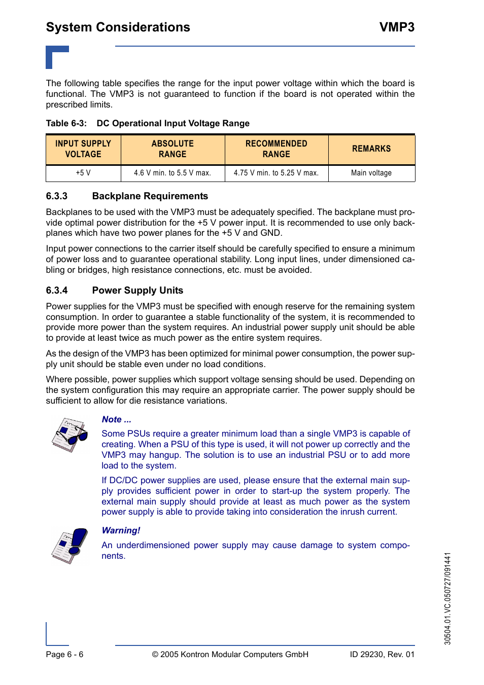 3 backplane requirements, 4 power supply units, Backplane requirements - 6 | Power supply units - 6, Dc operational input voltage range - 6, System considerations vmp3 | Kontron VMP3 User Manual | Page 130 / 154