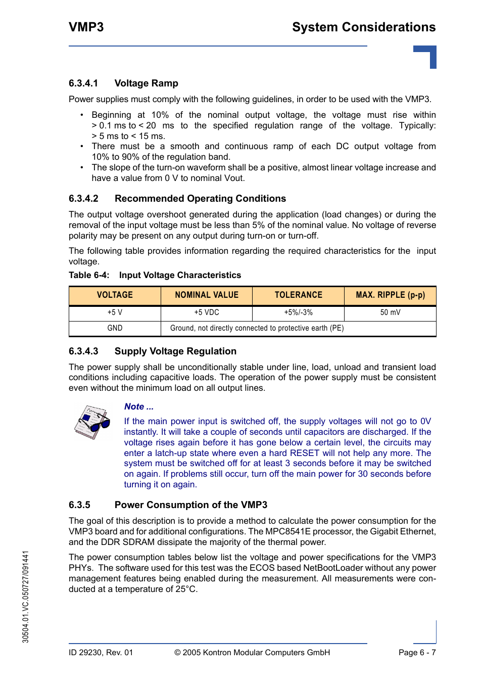 5 power consumption of the vmp3, Power consumption of the vmp3 - 7, Input voltage characteristics - 7 | Vmp3 system considerations | Kontron VMP3 User Manual | Page 131 / 154