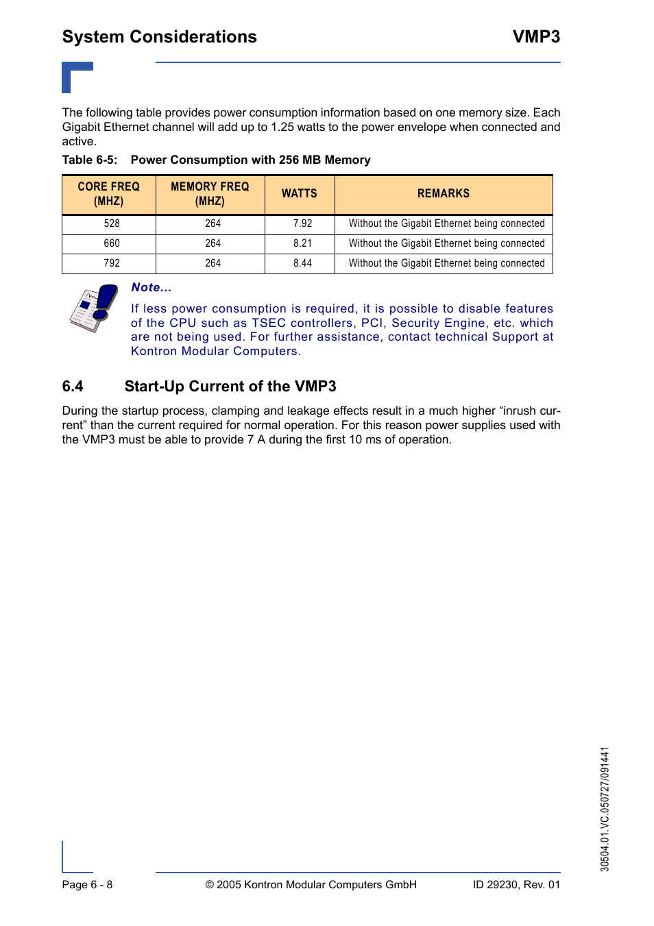 4 start-up current of the vmp3, 4 start-up current of the vmp3 - 8, Power consumption with 256 mb memory - 8 | System considerations vmp3 | Kontron VMP3 User Manual | Page 132 / 154