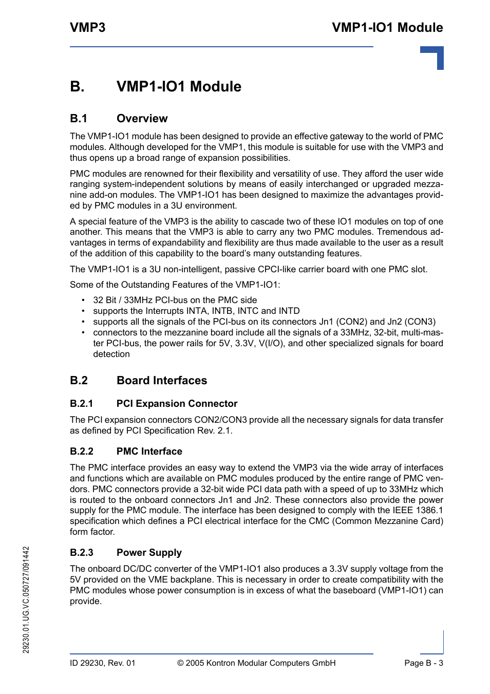 B. vmp1-io1 module, B.1 overview, B.2 board interfaces | B.2.1 pci expansion connector, B.2.2 pmc interface, B.2.3 power supply, B.2.1, B.2.2, B.2.3, Vmp3 vmp1-io1 module | Kontron VMP3 User Manual | Page 139 / 154