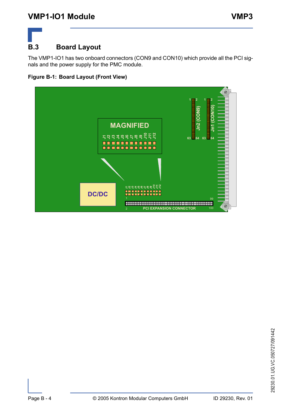 B.3 board layout, Vmp1-io1 module vmp3, Magnified | Dc/dc | Kontron VMP3 User Manual | Page 140 / 154