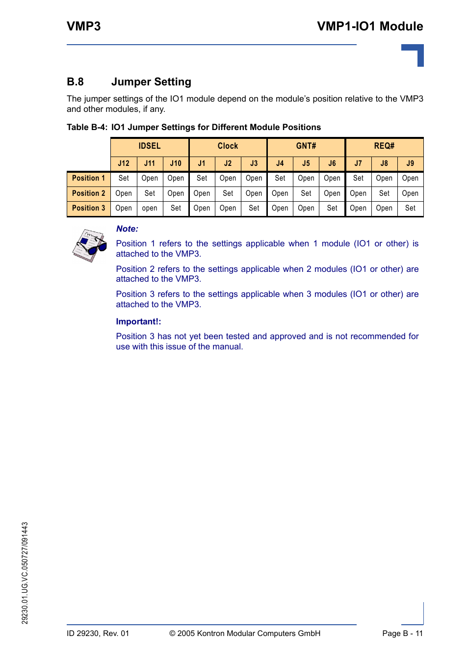B.8 jumper setting, Vmp3 vmp1-io1 module | Kontron VMP3 User Manual | Page 147 / 154