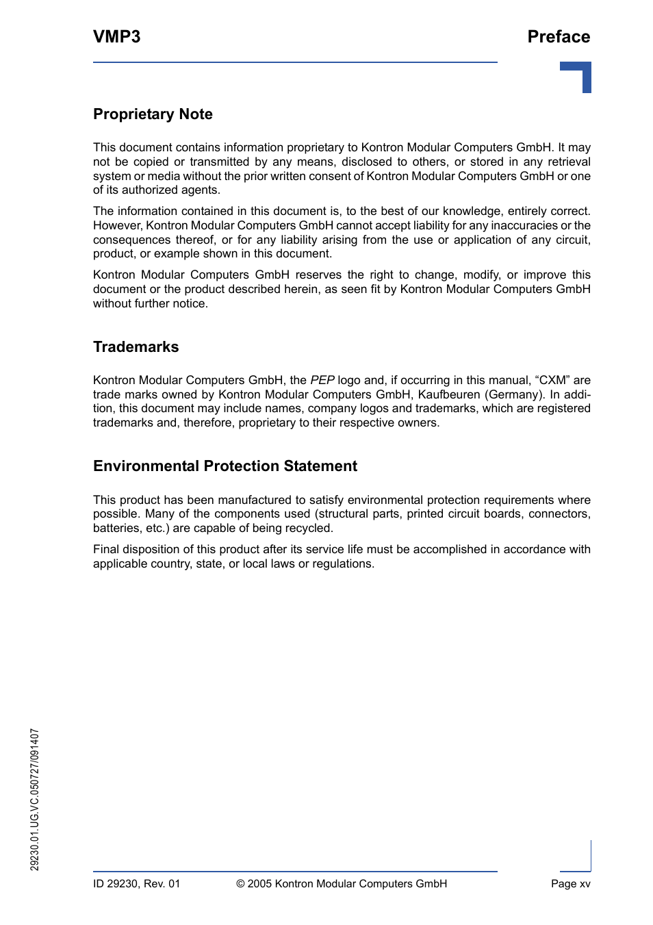 Proprietary note, Trademarks, Environmental protection statement | Vmp3 preface | Kontron VMP3 User Manual | Page 15 / 154
