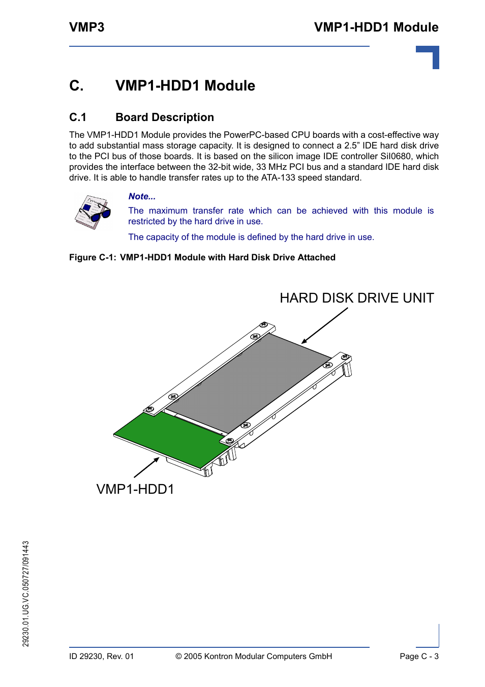 C. vmp1-hdd1 module, C.1 board description, Hard disk drive unit vmp1-hdd1 | Vmp3 vmp1-hdd1 module | Kontron VMP3 User Manual | Page 151 / 154