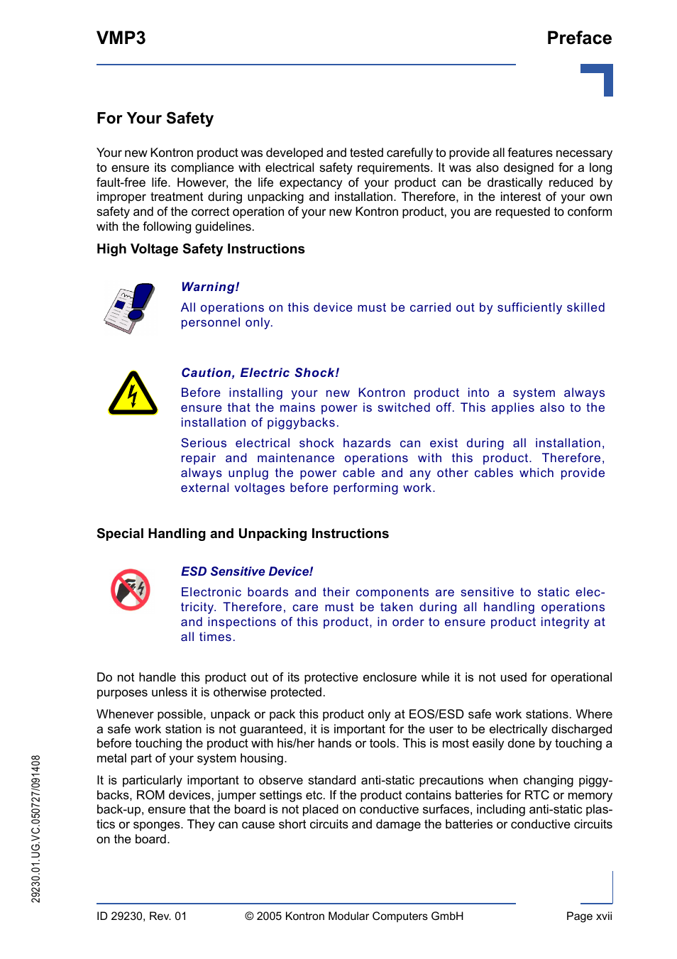 For your safety, High voltage safety instructions, Special handling and unpacking instructions | Vmp3 preface | Kontron VMP3 User Manual | Page 17 / 154