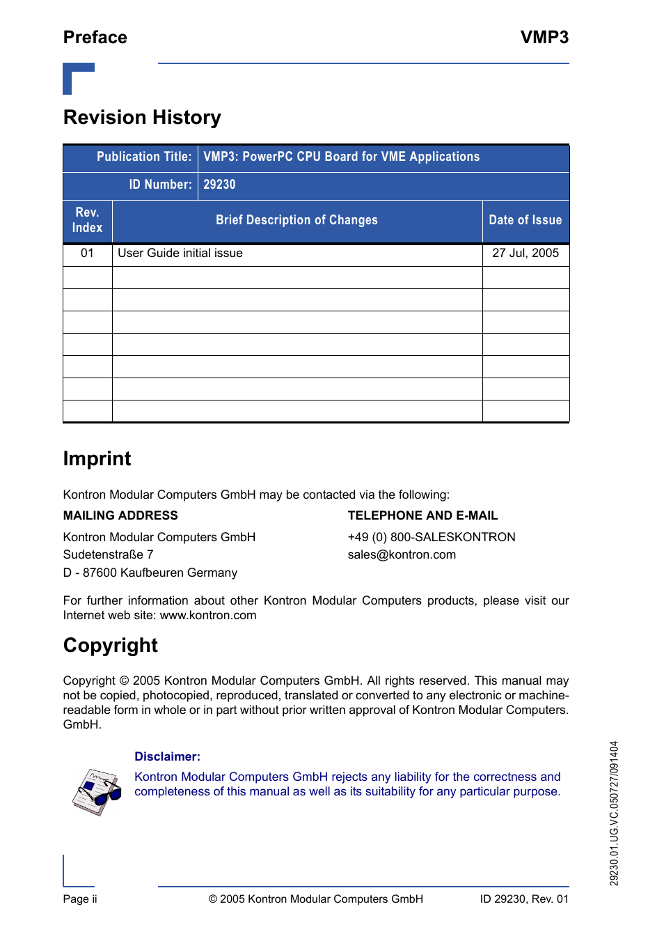 Revision history, Imprint, Copyright | Revision history imprint, Preface vmp3 | Kontron VMP3 User Manual | Page 2 / 154
