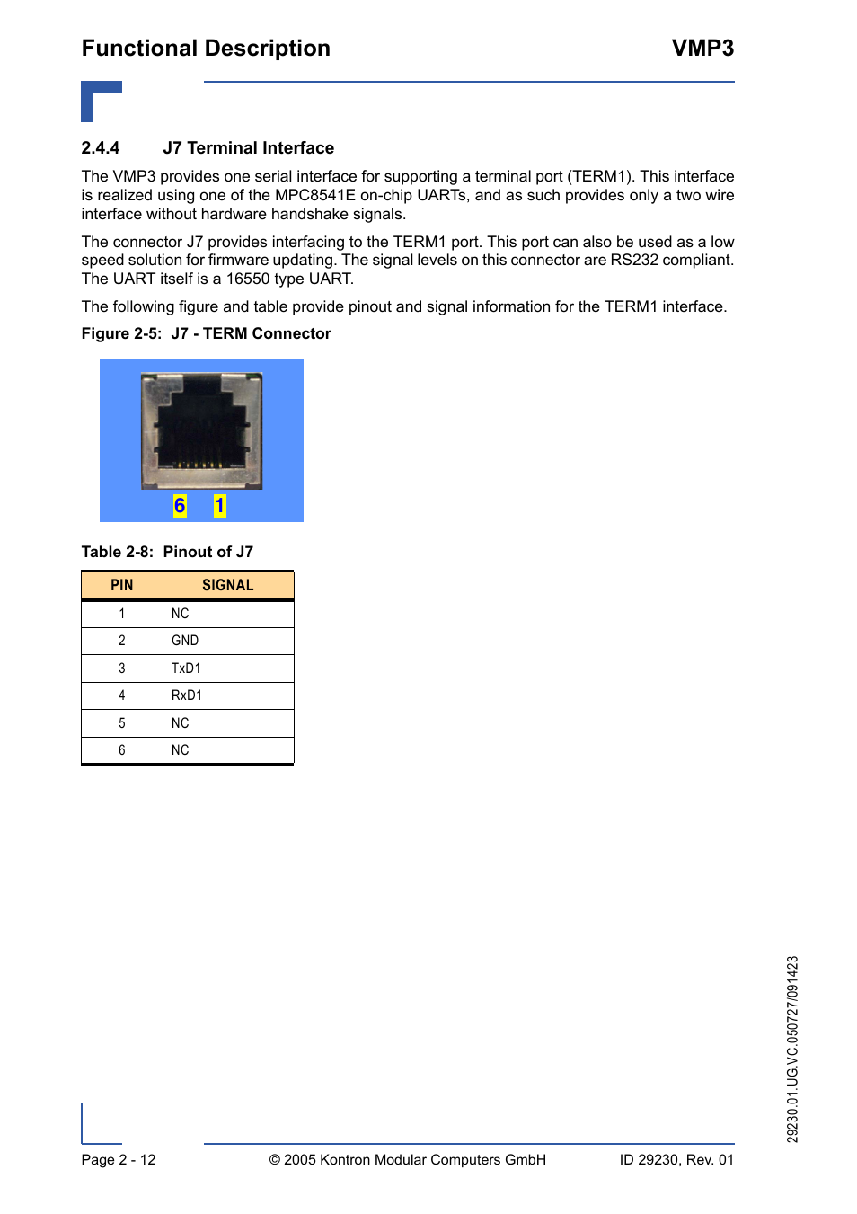 4 j7 terminal interface, J7 terminal interface - 12, Pinout of j7 - 12 | J7 - term connector - 12, Functional description vmp3 | Kontron VMP3 User Manual | Page 46 / 154