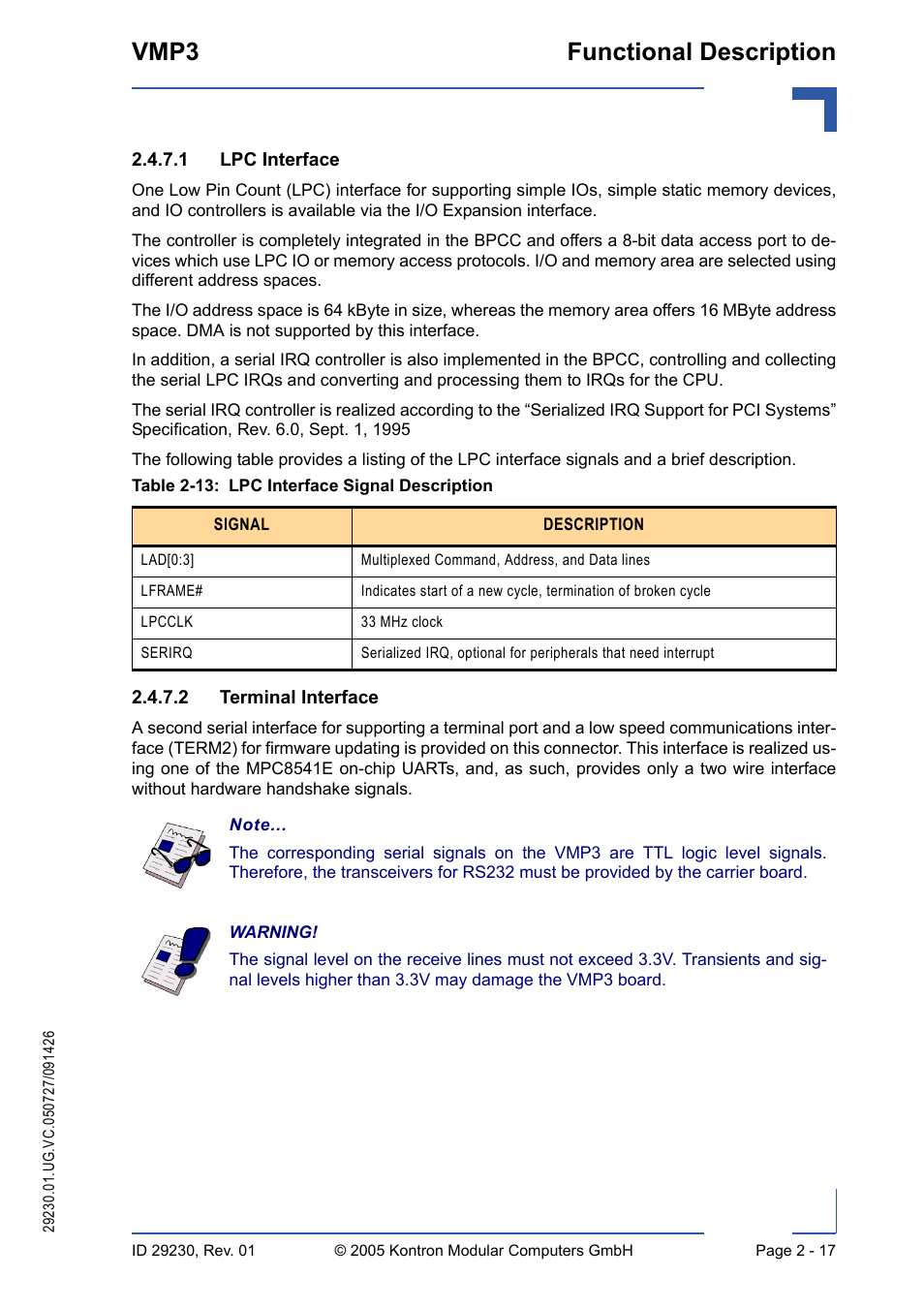 13 lpc interface signal description - 17, Vmp3 functional description | Kontron VMP3 User Manual | Page 51 / 154