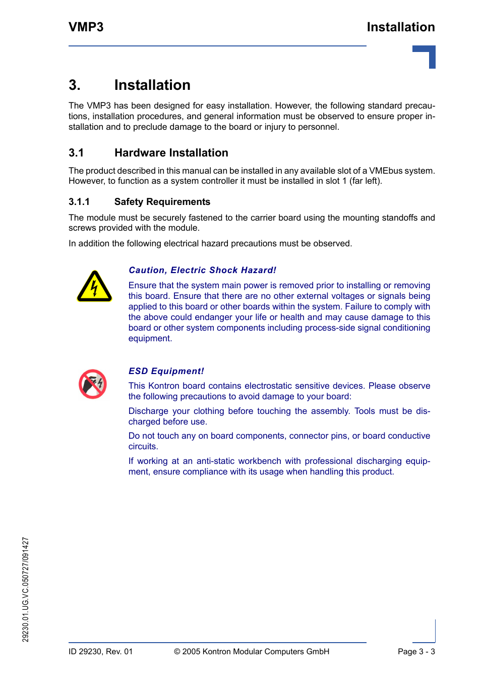 Installation, 1 hardware installation, 1 safety requirements | Installation - 3, 1 hardware installation - 3, Safety requirements - 3, Vmp3 installation | Kontron VMP3 User Manual | Page 57 / 154