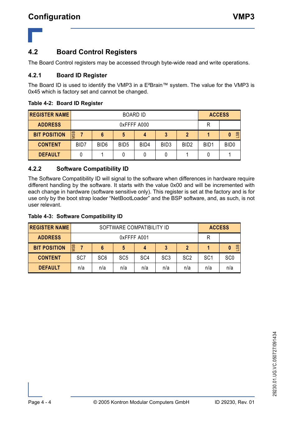 2 board control registers, 1 board id register, 2 software compatibility id | 2 board control registers - 4, Board id register - 4, Software compatibility id - 4, Configuration vmp3 | Kontron VMP3 User Manual | Page 64 / 154