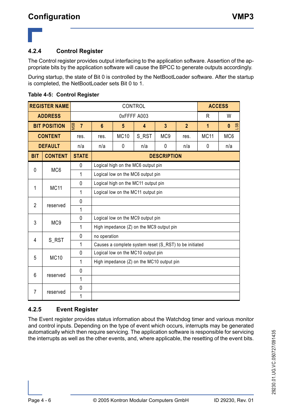 4 control register, 5 event register, Control register - 6 | Event register - 6, Configuration vmp3 | Kontron VMP3 User Manual | Page 66 / 154