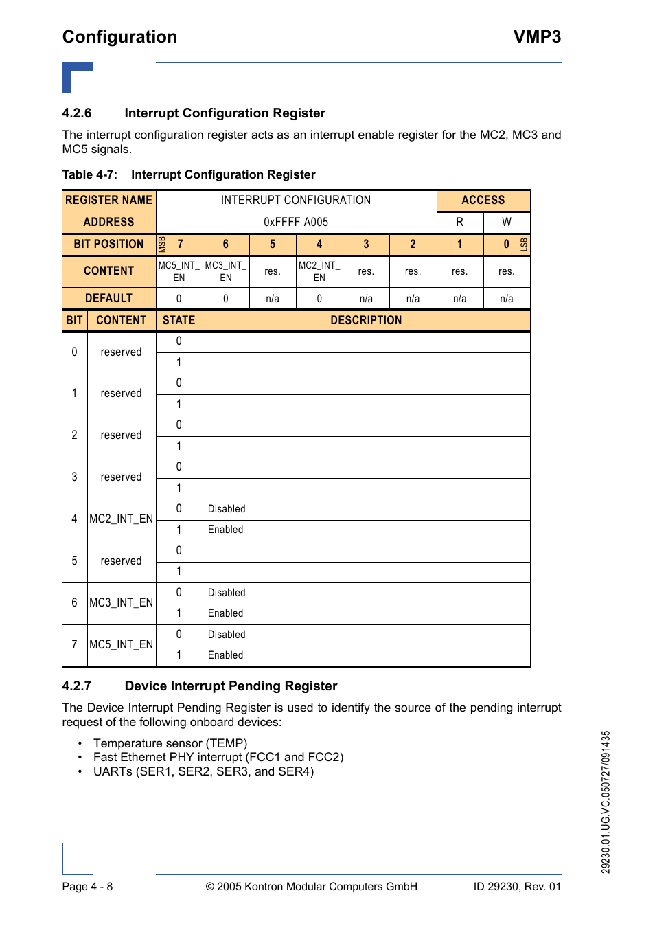 6 interrupt configuration register, 7 device interrupt pending register, Interrupt configuration register - 8 | Device interrupt pending register - 8, Configuration vmp3 | Kontron VMP3 User Manual | Page 68 / 154
