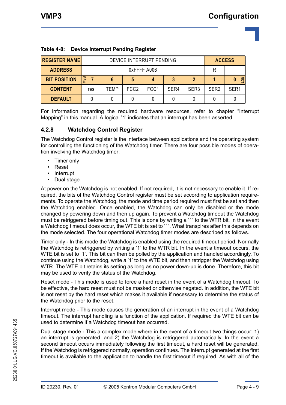 8 watchdog control register, Watchdog control register - 9, Device interrupt pending register - 9 | Vmp3 configuration | Kontron VMP3 User Manual | Page 69 / 154